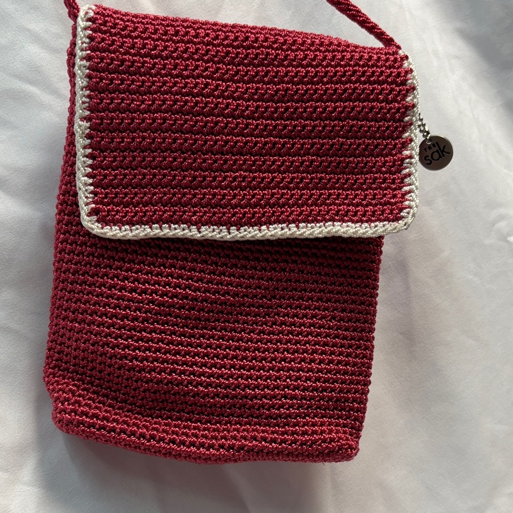 The Sak Dark Coral and Cream Crochet Crossbody Bag